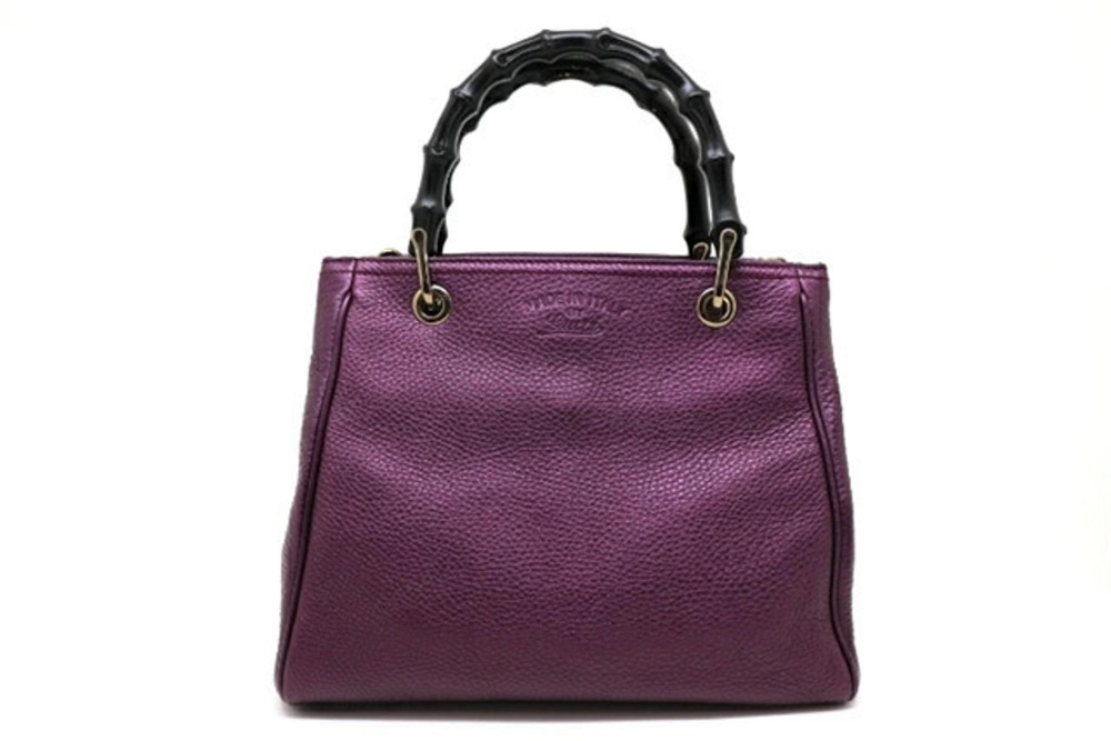 Gucci Bamboo Shopper Handbag Leather Metallic Purple